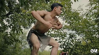 Sexy tarzan gay parody with barbarian boy in modern world